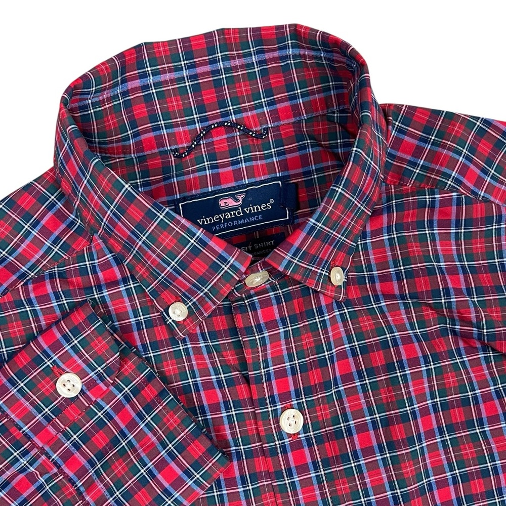 Vineyard Vines Shirt Men’s XS Performance Classic Fit Red Blue Plaid Stretch L/S